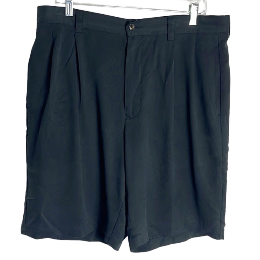 Tommy Bahama Silk Pleated Shorts Men's 35 Soft Black Zip Closure‎ Grip Wa…